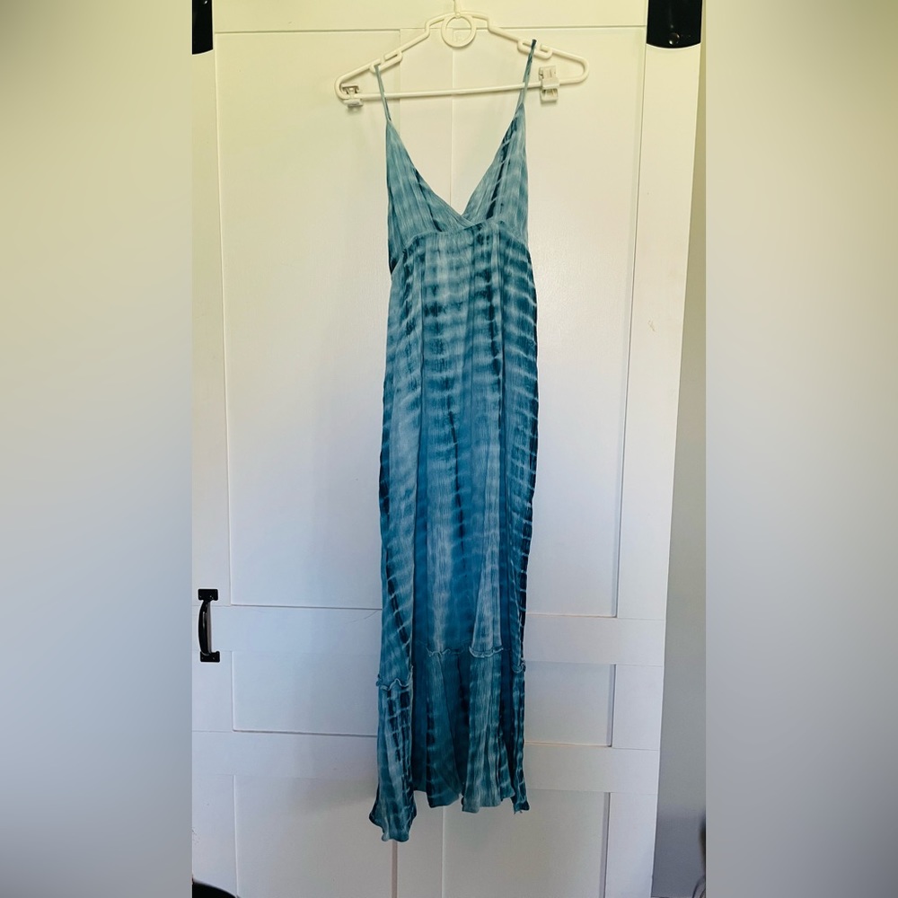 Pink Lilly Summer Dress, blue tie dye, adjustable straps, lined skirt